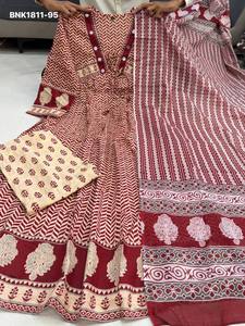 Best Fabric Pure Cotton with Ajrakh Print & Handwork Neck Anarkali <b>Kurti</b>-Pant-Dupatta Set At Wholesale Rate Indian Supplier - Product Image 5