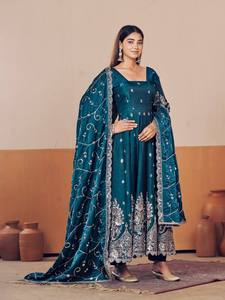 Teal Silk Anarkali <b>Suit</b> With Embroidered Dupatta Traditional Indian <b>Wedding</b> <b>Dress</b> <b>Women</b> Floor-Length Regular Fit - Product Image 5