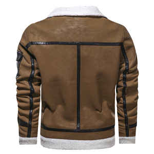 Men's Brown Leather Bomber Jacket Turn-down Collar Zipper Closure Faux Fur Lining Winter Moto Style Thick <b>Coat</b> - Product Image 5