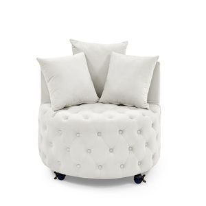 Poltrona Girevole in Velluto con Design Trapuntato a Bottoni e Ruote Mobili, Set per Soggiorno con 3 Cuscini Beige - Product Image 5