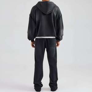 Ensemble survêtement streetwear décontracté pour homme : sweat à capuche zippé noir délavé et pantalon large - Product Image 2