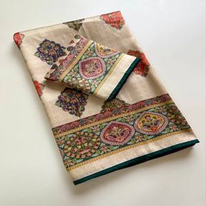 Sari en soie pure VASTRA COTTAGE Pure Softy avec tissage Zari sur toute la surface, imprimé numérique style pashmina, avec pièce de blouse - Product Image 1