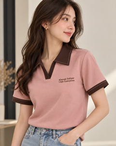 Polo de mujer de manga corta con bloques de color negro y estampado de letras, top informal - Product Image 4