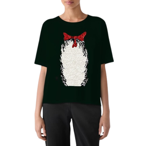 T-shirt noir pour femme avec pingouin floqué blanc et nœud rouge pailleté, col rond, manches courtes, coupe ample, décontracté, en jersey de coton - Product Image 1