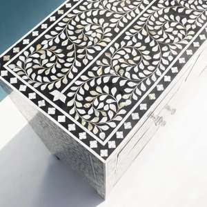 Handcrafted Bone Inlay <b>Console</b> <b>Table</b> <b>Black</b> White Geometric Pattern Bohemian Entryway Storage Cabinet Decorative Accent Furniture - Product Image 4
