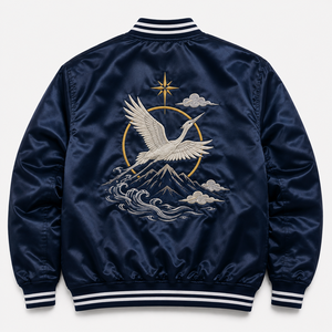 Navy Satin Varsity Jacket Men Embroidered Logo Front Preppy Style Autumn Regular Fit Turn-down Collar - Product Image 2