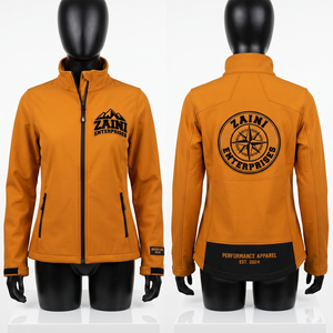 Chaqueta Softshell para Mujer, 320 GSM, Poliéster y Spandex, Forro Polar, Diseño de Paneles en Mostaza y Negro, Logotipo Personalizado Bordado, OEM - Product Image 1
