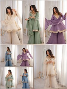 Conjunto de Kurti y Palazzo Chinon de Lujo para Mujer con Diseño Kali Largo, Adorno de Espejos Reales en el Cuello y Dupatta de Encaje Elegante - Product Image 2