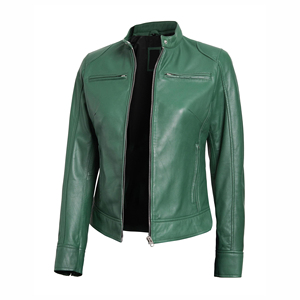 Veste de moto en cuir véritable vert coupe-vent pour femme, col ouvert, fermeture éclair, manches longues, style automne, coupe régulière, couleur unie - Product Image 3