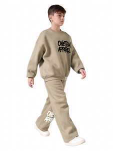 Ensemble survêtement enfant ONETEN APPAREL, sweat-shirt col rond beige et pantalon jogger, style streetwear, coupe ample, longueur intégrale, coton, automne, garçons - Product Image 2