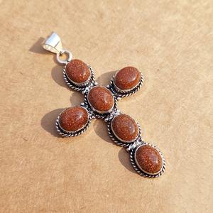 Pendentif Croix en Laiton Fait Main, Pierre de Sable Dorée Naturelle, Vintage, Unisexe, Plaqué Argent Antique, Bijou Cadeau à Bas Prix - Product Image 6