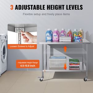 Banco da Lavoro in Acciaio Inox Resistente 30 X 48 X 38 Pollici con 4 Ruote e 3 Livelli di Altezza Regolabili per Preparazione Alimenti, Piano di Lavoro da 48 Pollici - Product Image 5