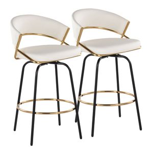 Sgabello da Bar Jie 26 Pollici Contemporaneo con Altezza Fissa e Base Girevole in Metallo Dorato, Seduta in Ecopelle Bianca, Gambe in Metallo Nero - Product Image 1