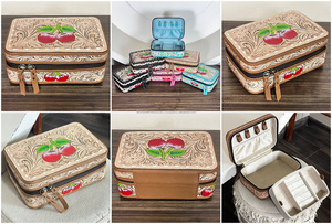 2026 Portable Hand Tooled Leather Jewelry Case Cheery Design Genuine Cow Leather <b>Small</b> Travel Jewelry <b>Box</b> with Zipper for Girls - Product Image 3