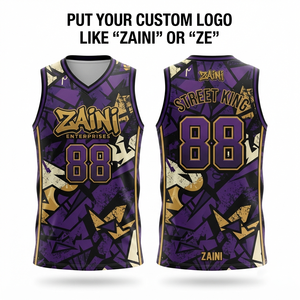 Maillot de basket-ball pour hommes 180 GSM en polyester interlock premium violet noir or, sublimation, logo personnalisé, uniforme d'équipe sans manches - Product Image 1