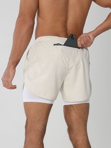 Men's White Quick Dry Sport Shorts Elastic Waist Mid Length Solid Color Knitted Polyester Activewear - Product Image 3