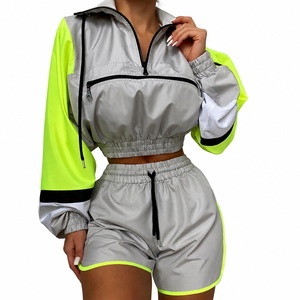 Women's Purple Neon Yellow Color Block Half-Zip Crop <b>Jacket</b> With Shorts Set Lightweight Loose Fit All Seasons Sportswear - Product Image 4