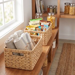 Water Hyacinth Woven <b>Storage</b> <b>Baskets</b> Set of 2, <b>Rectangular</b> Natural Water Hyacinth Shelf Organizer Bins with Cutout Handles - Product Image 5