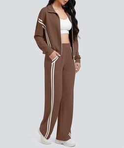 Conjunto deportivo de 2 piezas para mujer, color marrón, con cremallera, cuello vuelto, chaqueta a rayas y pantalones largos - Product Image 4