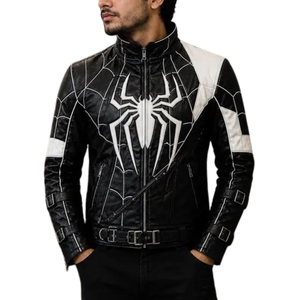 Fan-Culture Outerwear, Superhero Cosplay Web-Paneled Architecture Spider-Man Inspired Genuine Sheep <b>Leather</b> <b>Biker</b> <b>Jacket</b> Moto - Product Image 2