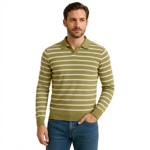 Pull en tricot rayé pour homme, col en V, col polo, coupe ajustée, décontracté, vert olive, blanc, manches longues, tricot en coton - Product Image 1