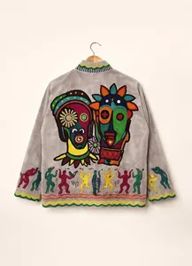 Veste en velours kaki de qualité supérieure, brodée de fleurs, motif Suzani, manches longues, col montant, style bohème, manteau d'hiver pour femmes - Product Image 4