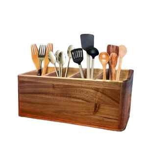 Support en bois pour ustensiles de cuisine avec pots à épices, organisateur de couverts, boîte de rangement pour cuillères, fourchettes et couteaux, organisateur d'outils de cuisine pour comptoir - Product Image 4
