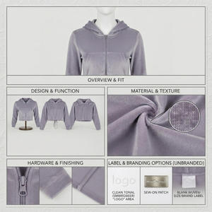 Women's <b>Cropped</b> Hooded Velour <b>Zip</b>-<b>Up</b> Sweatshirt Solid Color Long Sleeve With Pockets Autumn Wear - Product Image 4