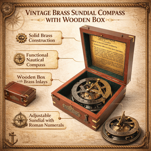 เข็มทิศนาฬิกาแดดทองเหลืองโบราณพร้อมกล่องไม้ |   เข็มทิศโบราณสำหรับการเดินเรือทางทะเล |   ของตกแต่ง ของสะสม ของประดับตกแต่ง - Product Image 6