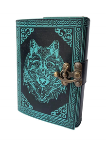 Diario de Cuero Genuino con Estampado de Cara de Lobo Azul y Negro Turquesa, Libro Antiguo Recargable, Diario de Viaje, Cuaderno - Product Image 3