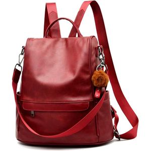 Sac à dos en cuir rouge avec bretelles réglables et breloque pompon - Product Image 2