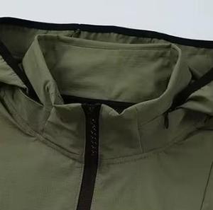 Men's Hooded Windproof <b>Canvas</b> <b>Jacket</b> Front Logo Olive Green Polyester Zipper Closure Sporty Autumn Slim Fit Stand Collar - Product Image 2