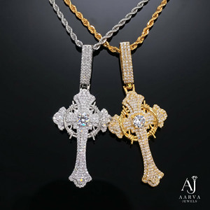Collier Pendentif Croix Hip Hop en Argent 925 Plaqué Or Rose avec Zircons Micro-Pavés et Chaîne Corde pour Hommes, Bijou de Fête - Product Image 2