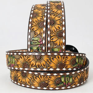 Personalized Sunflower design embossed hand carving <b>Men's</b> fashion western <b>leather</b> tooling <b>belt</b> with floral buckle - Product Image 2