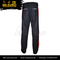 Pantalon de sport unisexe personnalisé en polyester noir avec rayures bleues et orange, imprimé par sublimation, séchage rapide, coupe ajustée, fermeture éclair, antibactérien