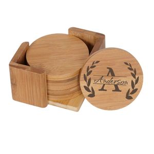 Custom Laser Engraved Wooden Coaster <b>Set</b> with Holder <b>Round</b> Wooden Drink Coasters Wholesale Eco Friendly <b>Table</b> Mat Gift Craft - Product Image 1