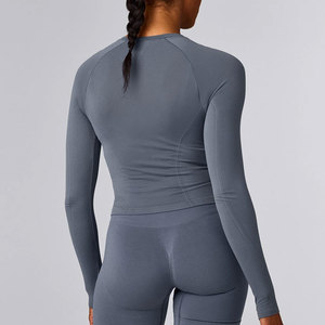 Sweat Wicking Ladies Long Sleeve Compression Shirt Body Fit Four Way Stretchable Crew Neck <b>Thumb</b> Hole <b>Cuffs</b> Seamless Yoga Wear - Product Image 6