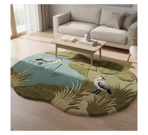 Alfombra de Lana Hecha a Mano con Diseño de Heron Azul, Forma Irregular, Efecto 3D, para Sala de Estar Estilo Zen, Decoración Estética del Hogar - Product Image 1