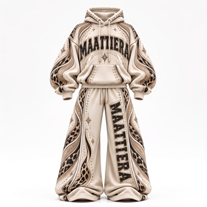 Conjunto Deportivo para Mujer con Sudadera con Capucha y Estampado de Leopardo Crema y Negro, Pantalones Anchos con Pedrería, Estilo Urbano, Personalizable, OEM, ODM, Venta al Por Mayor - Product Image 3
