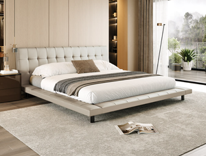 Modern PU Leather Upholstered Japanese Japandi Style <b>Bed</b> King <b>Size</b> Tufted Headboard Midcentury Style Soft <b>Bed</b> Frame - Product Image 1
