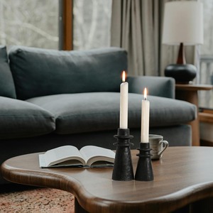 Modern Matte <b>Black</b> Cast Iron <b>Candlestick</b> <b>Holder</b> Set Featuring Distinctive Stacked Tiered Collars For Chic Industrial Decoration - Product Image 3