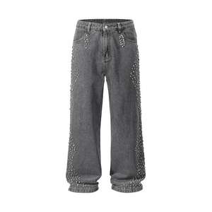 กางเกงยีนส์เดนิมทรงตรงแบบหลวมประดับคริสตัลล้างสี ดีไซน์ล่าสุดสำหรับผู้ชาย ขายส่ง กางเกงโอเวอร์ไซส์พร้อมโลโก้และดีไซน์แบบกำหนดเอง - Product Image 5