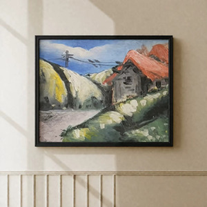 Hand-Painted Acrylic on <b>Canvas</b> Bohemian Style <b>Framed</b> Landscape Art with Pinned <b>Framing</b> Cottage Mountain Scene Indoor Decor - Product Image 3