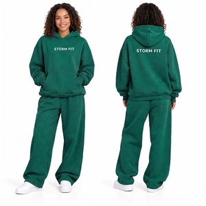 Conjunto de Sudadera con Capucha y Pantalones de Forro Polar Verde Oliva para Mujer, Estilo Urbano, Corte Regular, 2 Piezas, Ropa de Invierno 100% - Product Image 2