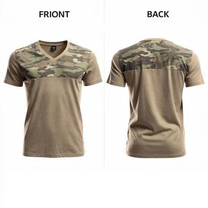 เสื้อยืดคอกวีสีเขียวมะกอกสำหรับผู้ชาย แขนสั้น ลายพราง สไตล์ลำลอง ผ้าเจอร์ซีย์คอตตอน 100% ทรงปกติ น้ำหนักเบา - Product Image 5