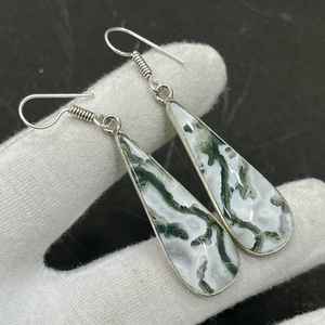 Boucles d'oreilles clous en argent plaqué or avec agate mousse en forme de goutte, faites à la main, design épuré, bijoux en pierres précieuses, cadeau idéal pour femme SK-125 - Product Image 2