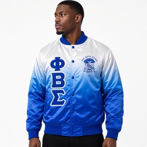 เสื้อแจ็คเก็ตบอมเบอร์ผ้าซาตินสีน้ำเงินรอยัลและสีขาว แบรนด์ Phi Beta Sigma พร้อมลายตราสัญลักษณ์ตัวอักษรกรีก ดีไซน์กระดุมแป๊กด้านหน้า คอเสื้อแบบริบบิ้น - Product Image 1