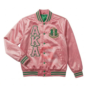 เสื้อแจ็คเก็ตบอมเบอร์ทรงครอปผ้าซาตินถัก ระบายอากาศได้ดี ปักลายตัวอักษรกรีกสีชมพูเขียว ออกแบบได้ตามต้องการสำหรับผู้หญิง ของชมรมนักศึกษาหญิงกรีก (AKA Greek Sorority) - Product Image 1