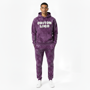 Ensemble de survêtement violet délavé premium pour homme, avec logo 3D en relief personnalisé, sweat à capuche et pantalon de jogging en coton bouclette 400 GSM, effet délavé minéral vintage - Product Image 1