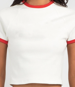 Camiseta Corta Blanca para Mujer con Ribete Rojo, Cuello Redondo, Manga Corta, Tejido de Algodón, Color Sólido, Informal, para Primavera/Verano - Product Image 5